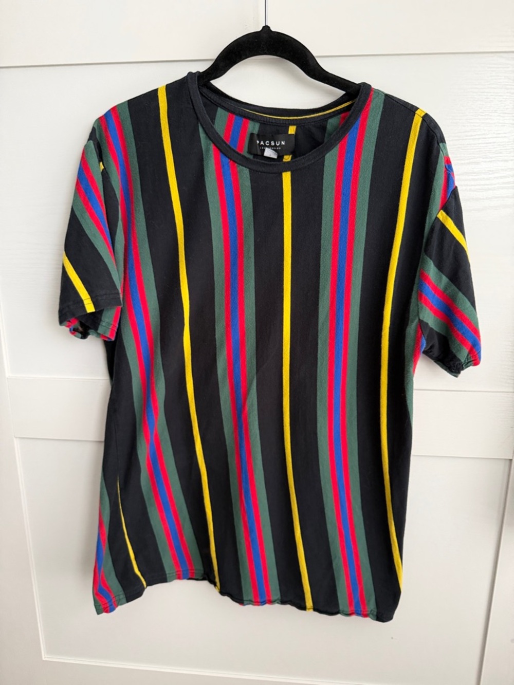 PacSun Black Tee with Yellow, Red, Blue, and Green Stripes